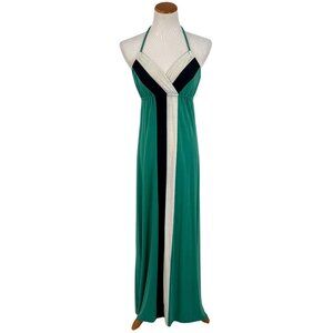 L8ter Vintage 90s Casual Green Gray Black Striped Color Block Halter Maxi Dress